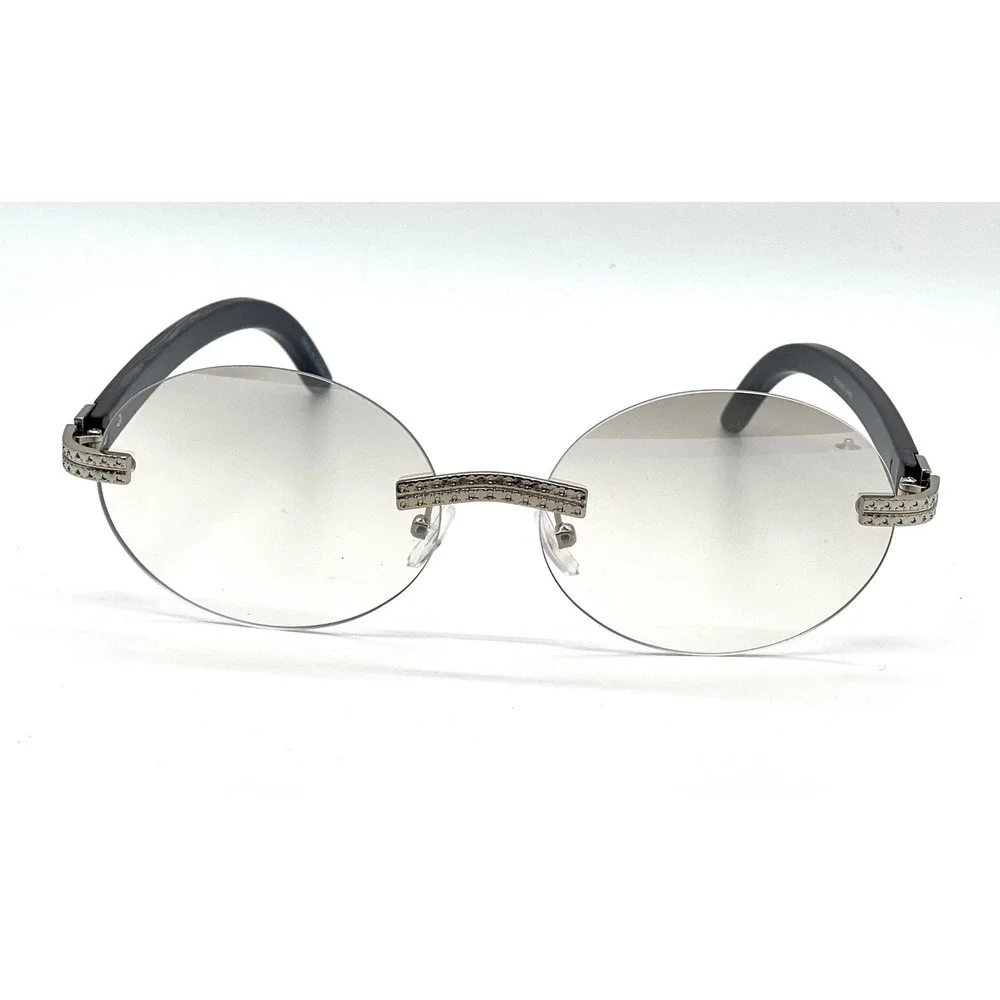 Rimless Round Sunglasses Silver Clear Lens Gold Accents Wood Arms Fashion Gafas‎